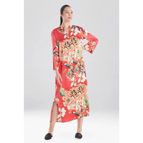 Natori Dresses & Skirts - Natori Enchanted Lotus Satin Zip Caftan Women Plus 2X Boho Resort Art To Wear